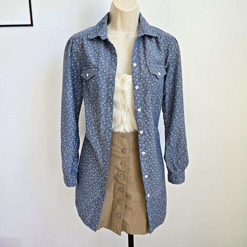 Levi's Dark Wash Chambray Button Up Tunic Length Shirt Clover Print XS
